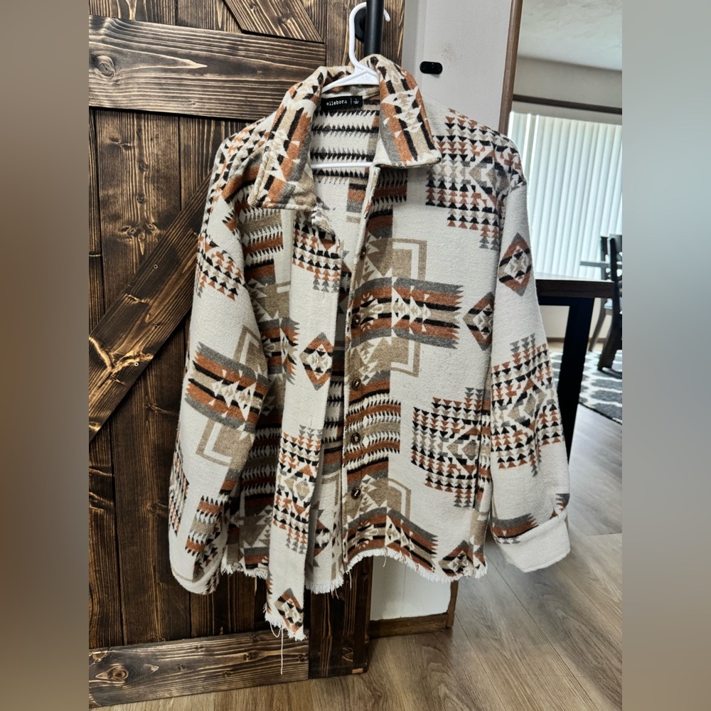 Aztec-Print Teddy Jacket in Cream & Brown by